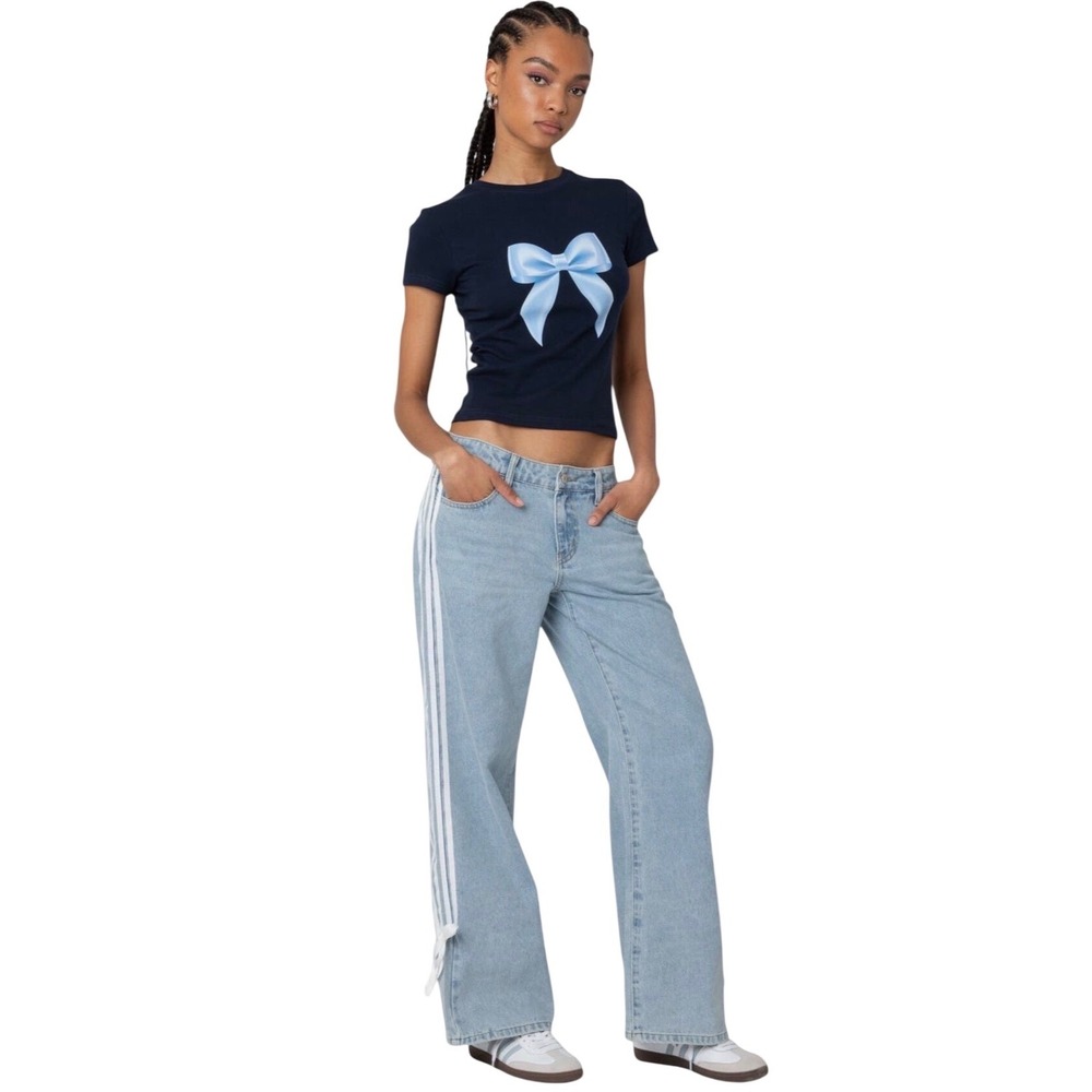 Telepatía Women Wide Leg Light Wash Jeans Side Stripe Ribbon Detail Blue Sz 7/28